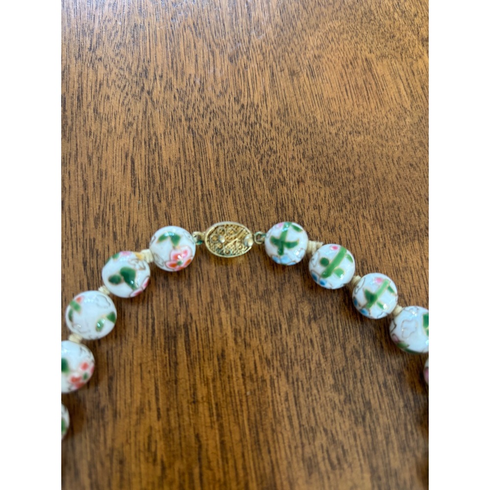 Vintage Hand Painted Porcelain Floral Bead Knotted Necklace Gold Tone Clasp - Picture 2 of 4